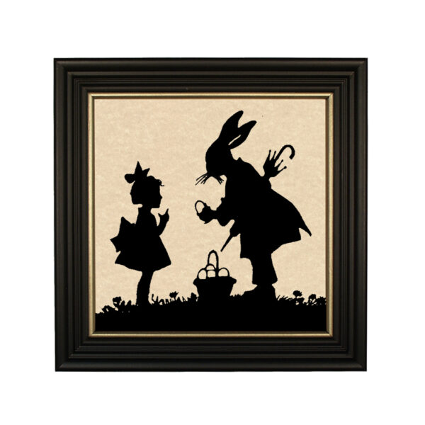 Silhouettes Easter Little Girl and Bunny with Umbrella Framed Paper Cut Silhouette in Black Wood Frame with Gold Trim- Framed to 10″ x 10″