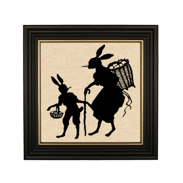 Silhouettes Easter Bunny with Backpack of Eggs Framed Paper Cut Silhouette in Black Wood Frame with Gold Trim. An 8 x 8″ framed to 10 x 10″.