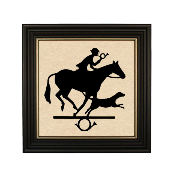 Equestrian/Fox Equestrian Hunter with Bugle and Hound Framed Paper Cut Silhouette in Black Wood Frame with Gold Trim. An 8 x 8″ framed to 10 x 10″.