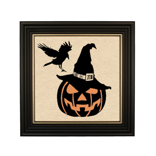 Silhouettes Halloween Jack-O-Lantern and Crow Framed Black Paper Cut Silhouette in Black Wood Frame with Gold Trim. An 8 x 8″ framed to 10 x 10″.