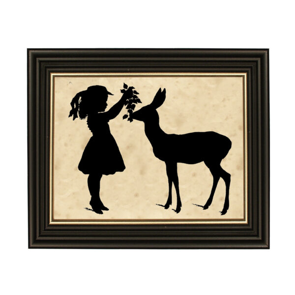 Christmas Children Girl with Fawn Framed Paper Cut Silhouette in Black Wood Frame with Gold Trim. A 6 x 8″ framed to 8 x 10″.