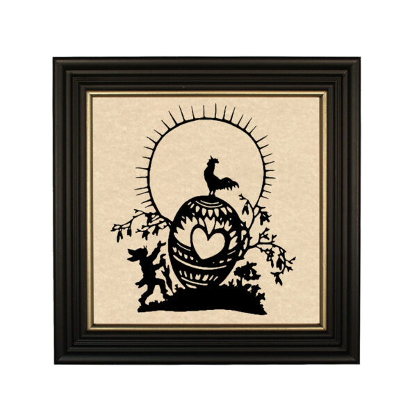 Easter Easter Easter Morning Framed Paper Cut Silhouette in Black Wood Frame with Gold Trim. An 8 x 8″ framed to 10 x 10″.