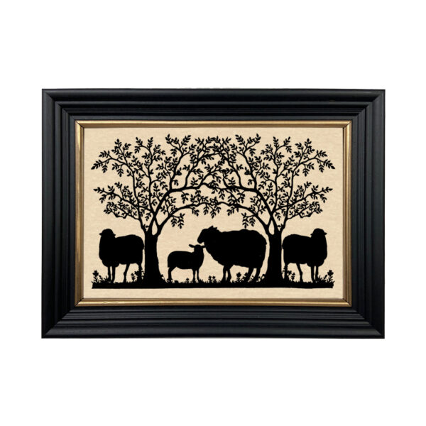 Early American Early American Sheep under Tree Framed Paper Cut Silhouette in Black Wood Frame with Gold Trim. An 6-3/4 x 10″ framed to 8-3/4 x 12″.