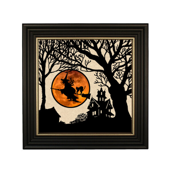 Framed Silhouette Halloween Witch Midnight Ride Across the Moon Framed Paper Cut Silhouette