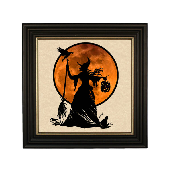 Silhouettes Halloween Wicked Witch Framed Paper Cut Silhouette with Orange Moon in Black Wood Frame with Gold Trim. An 8 x 8″ framed to 10 x 10″.