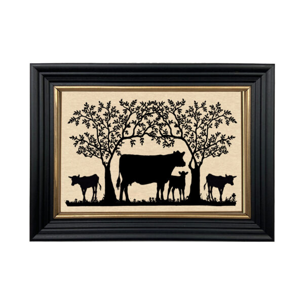 Silhouettes Early American Cows Under Tree Framed Paper Cut Silhouette in Black Wood Frame with Gold Trim. An 6-3/4 x 10″ framed to 8-3/4 x 12″.