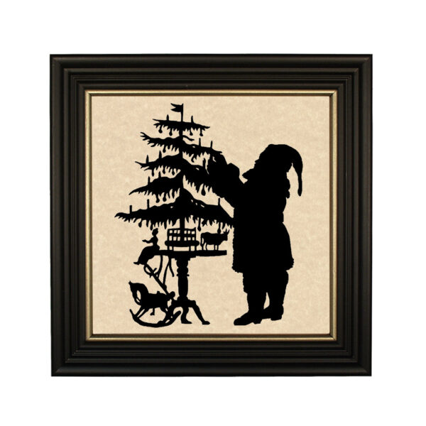 Silhouettes Christmas Framed “Santa Trimming the Tree” Paper Silhouette in Black Solid Wood Frame with Gold Accent