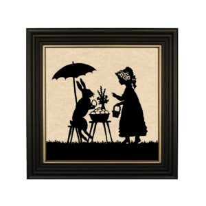 Easter Easter Easter Bunny and Little Girl Framed Paper Cut Silhouette in Black Wood Frame with Gold Trim- Framed to 10″ x 10″