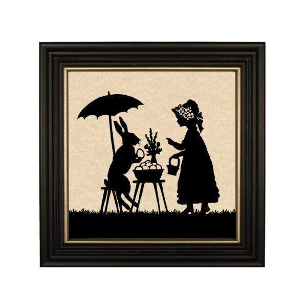 Silhouettes Easter Easter Bunny and Little Girl Framed Paper Cut Silhouette in Black Wood Frame with Gold Trim- Framed to 10″ x 10″