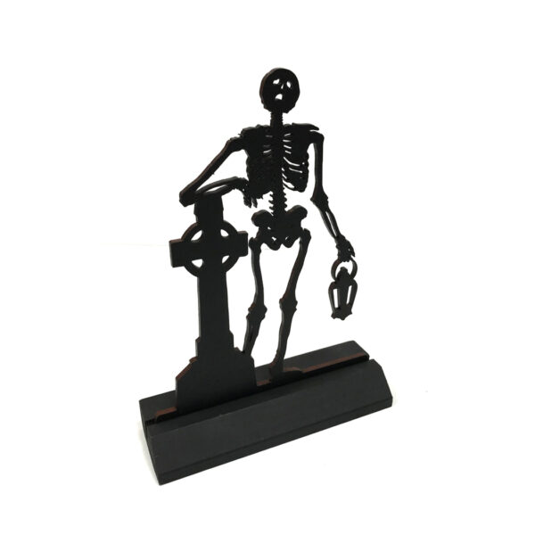 Holiday Silho Halloween 7-1/2″ Standing Wooden Skeleton at Grave Silhouette Halloween Tabletop Ornament Sculpture Decoration