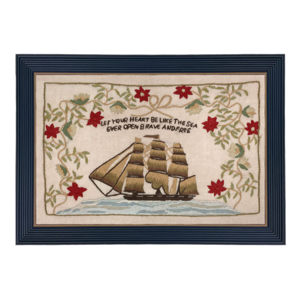 Sampler Prints Nautical Let Your Heart Be Like The Sea Antiqued Embroidery Needlepoint Sampler PRINT in Black and Gold Frame –  12″ x 15″