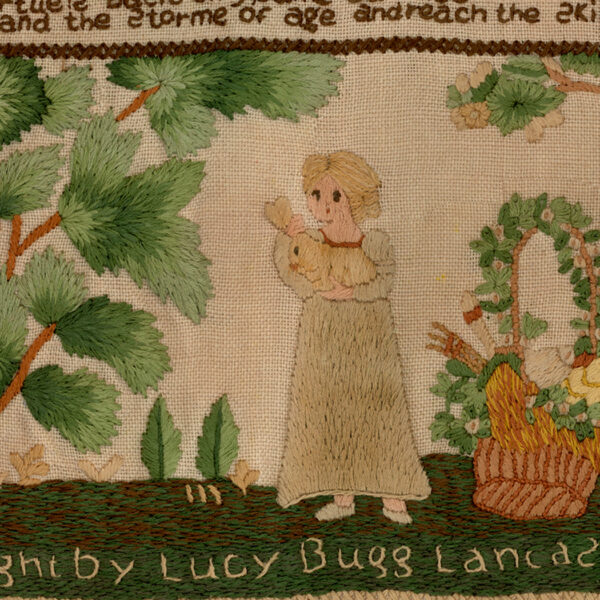 Sampler Prints Early American Lucy Bugg Antique Embroidery Needlepoint Sampler Framed PRINT- Black  and  Gold Bead Frame