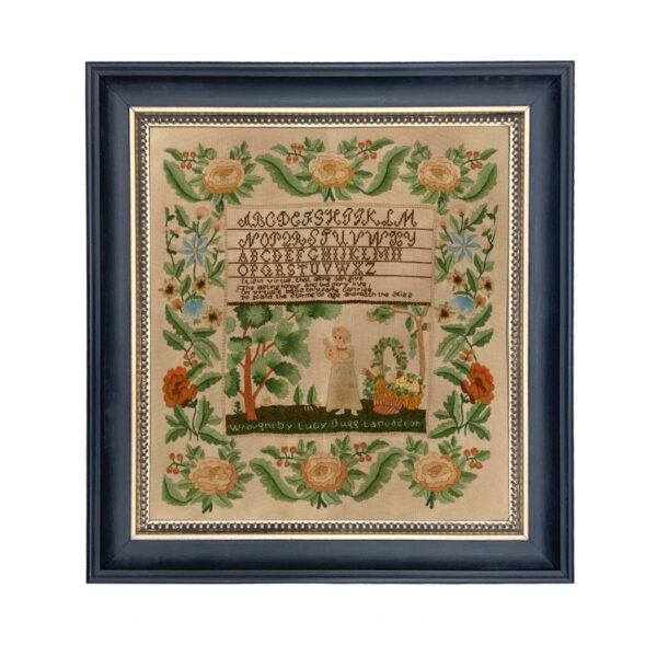 Needlework Print/Samplers Early American Lucy Bugg Antique Embroidery Needlepoint Sampler Framed PRINT- Black  and  Gold Bead Frame