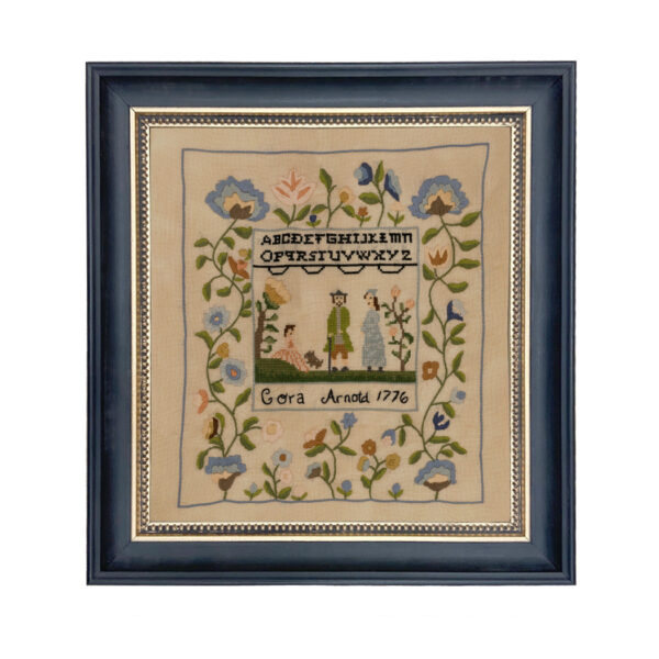 Needlework Print/Samplers Early American Cora Arnold Antiqued Embroidery Needlepoint Sampler Framed PRINT- Black  and  Gold Bead Frame