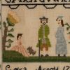 Sampler Prints Early American Cora Arnold Antiqued Embroidery Needlepoint Sampler Framed PRINT- Distressed Black  and  Gold Frame