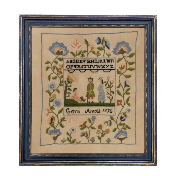 Needlework Print/Samplers Early American Cora Arnold Antiqued Embroidery Needlepoint Sampler Framed PRINT- Distressed Black  and  Gold Frame