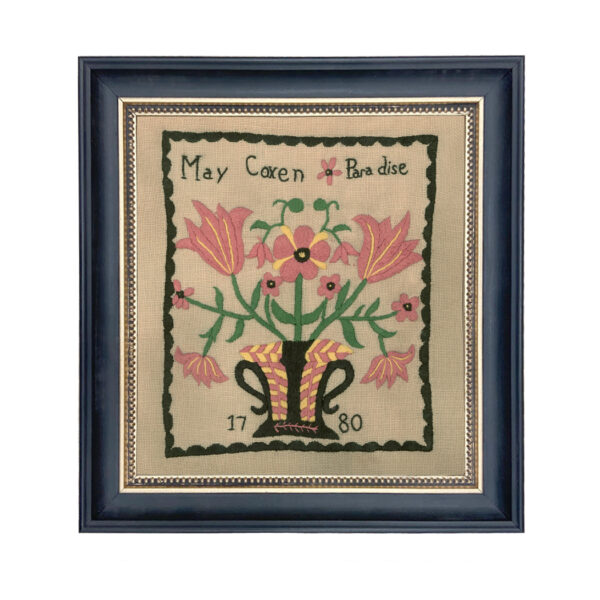 Needlework Print/Samplers Early American May Coxen Paradise 1780 Antique Embroidery Needlepoint Sampler Framed PRINT- Black  and  Gold Bead Frame