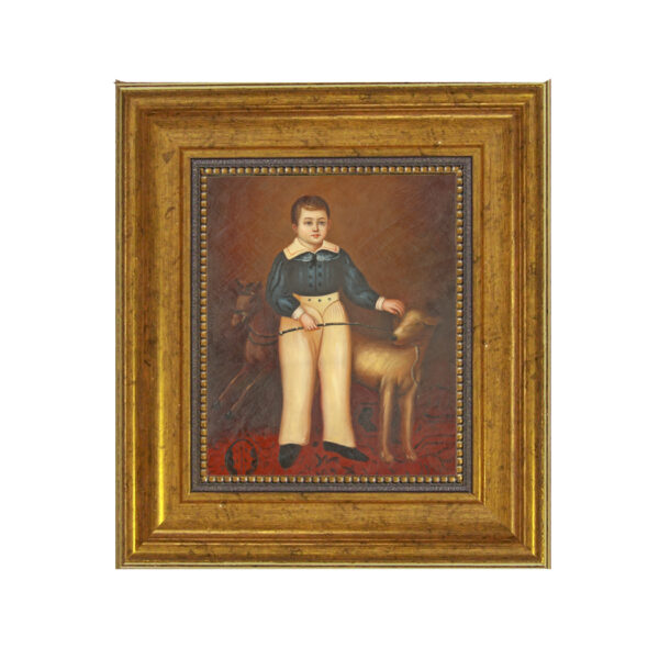 Portrait and Primitive Paintings Early American Boy with Dog Painting Reproduction Print on Canvas. A 5″ x 6″ framed to 8-1/2″ x 9-1/2″.