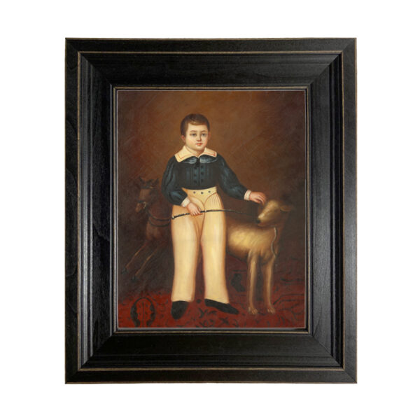 Portrait and Primitive Paintings Boy with Dog by Joseph Whiting Stock Framed Oil Painting Print on Canvas in Distressed Black Wood Frame