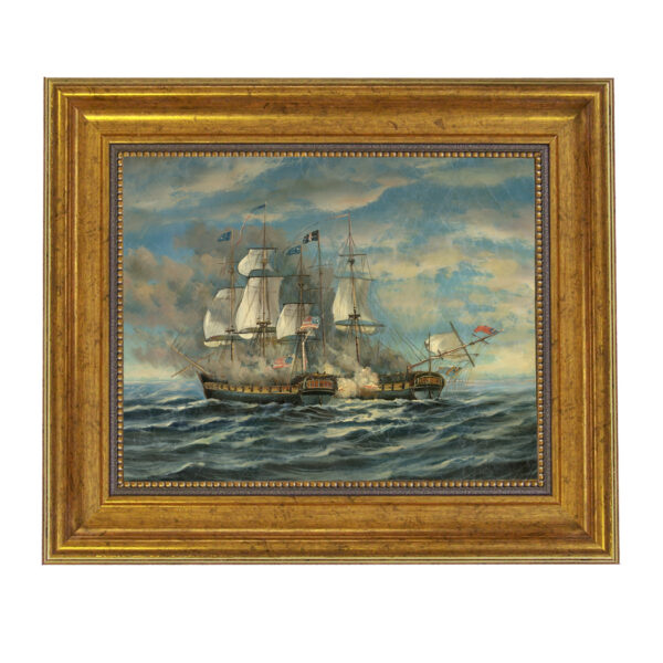 Nautical Paintings Battle Between USS Constitution and HMS Guerriere Framed Oil Painting Print on Canvas in Antiqued Gold Frame