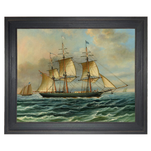 Nautical Nautical Baltimore Clipper Architect Framed Oil Painting Print on Canvas in Distressed Black Solid Wood Frame.
