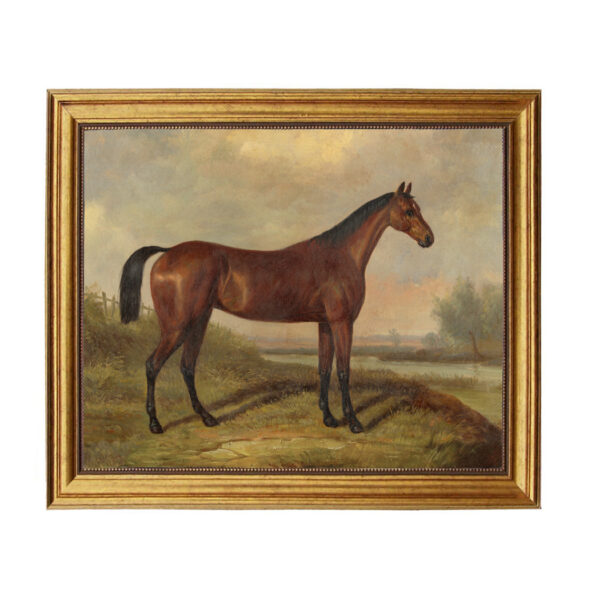 Equestrian/Fox Equestrian Hunter in a Landscape Framed Oil Painting Print on Canvas in Antiqued Gold Frame