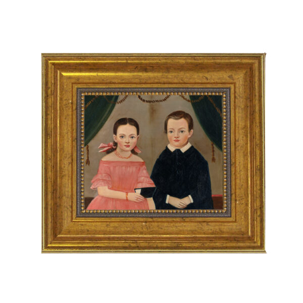 Portrait and Primitive Paintings Early American Girl in Pink with Brother –  Framed Oil Painting Print on Canvas in Antiqued Gold Frame. A 5″ x 6″ framed to 8-1/2″ x 9-1/2″.