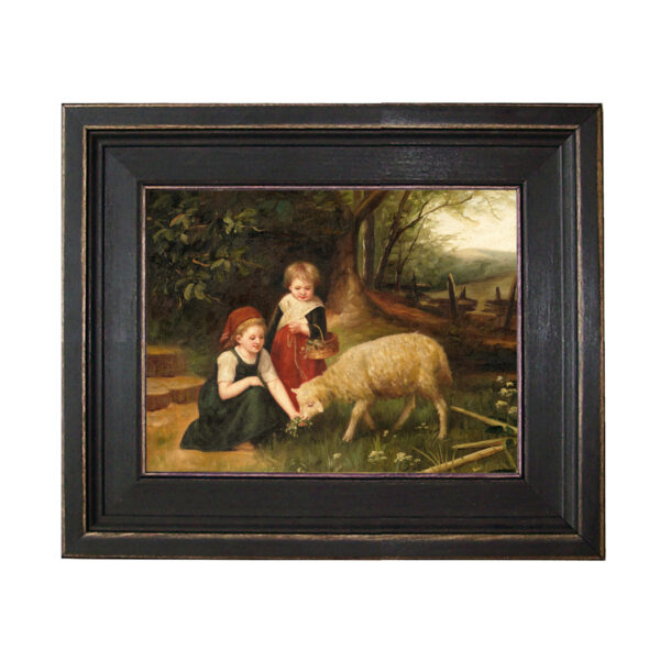 Farm and Pastoral Paintings Farm My Pet Lamb –  Framed Oil Painting Print on Canvas in Distressed Black Wood Frame. An 8 x 10″ framed to 11-1/2 x 13-1/2″