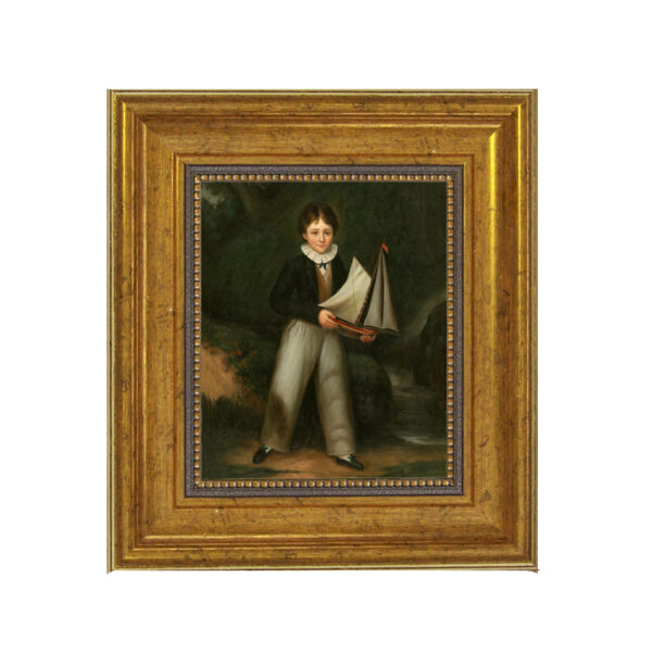 Nautical Paintings Nautical Young Boy Holding Pond Boat –  Framed Oil Painting Print on Canvas in Antiqued Gold Frame. A 5″ x 6″ framed to 8-1/2″ x 9-1/2″.