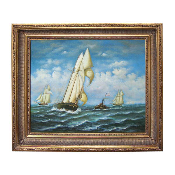 Nautical Paintings Nautical America Rounding The Mark Framed Oil Painting Print on Canvas in Antiqued Gold Frame. A 20″ x 24″ framed to 26-1/4″ x 30-1/4″.