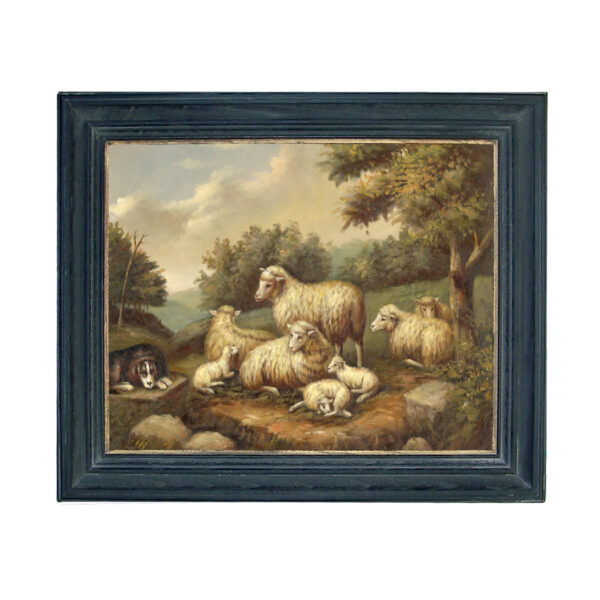 Farm and Pastoral Paintings Early American Sheep In Landscape Oil Painting Print Reproduction On Canvas In Distressed Solid Ash Frame – 20-1/2″ x 24-1/2″