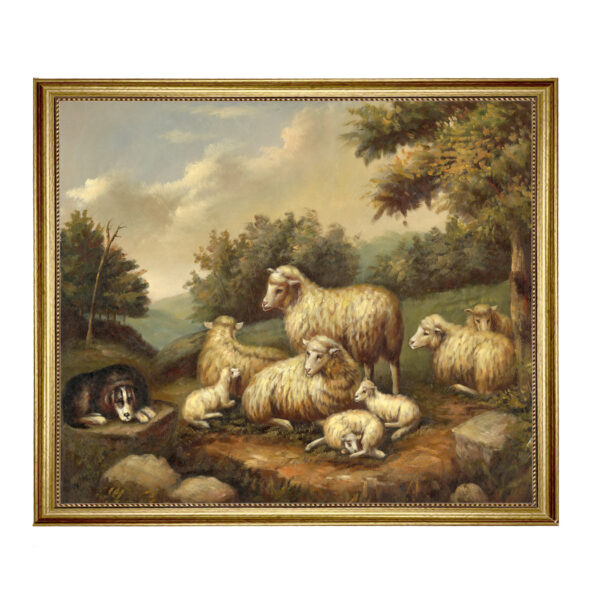Farm and Pastoral Paintings Early American Sheep In Landscape Framed Oil Painting Print on Canvas in Antiqued Gold Frame. A 23.5 x 29.5″ framed to 27-1/2″ x 33-1/2″.