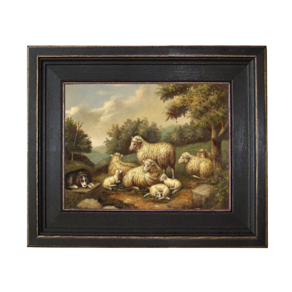 Farm and Pastoral Paintings Sheep in Landscape Framed Oil Painting Print on Canvas in Distressed Black Wood Frame