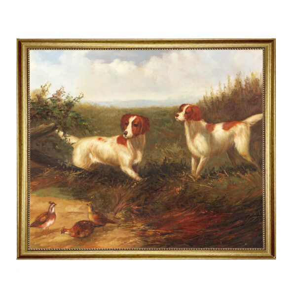 Sporting and Lodge Paintings Lodge Setters on Quail Framed Oil Painting Print on Canvas in Antiqued Gold Frame. A 23.5 x 29.5″ framed to 27-1/2″ x 33-1/2″.