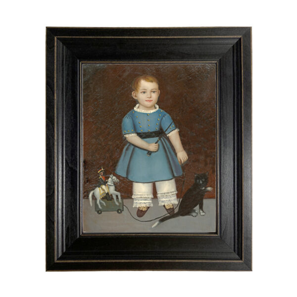 Portrait and Primitive Paintings Boy with Toy Soldier Painting Reproduction Print on Canvas in Distressed Black Solid Ash Frame