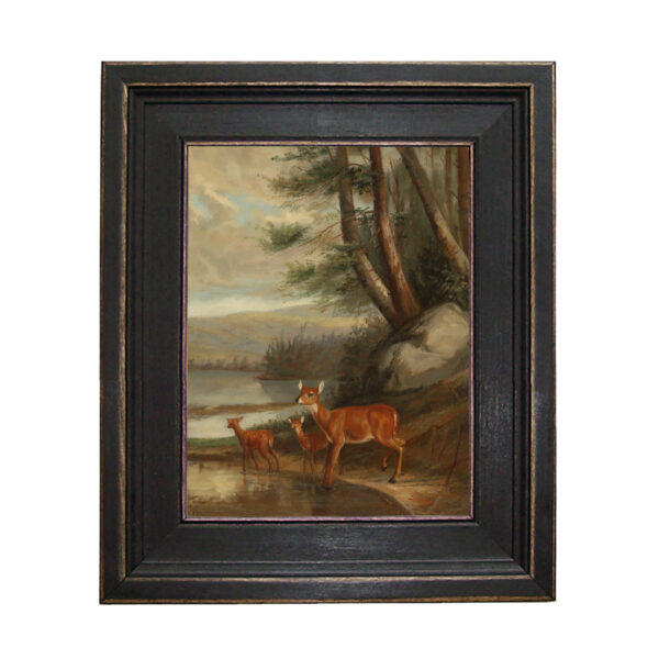 Sporting and Lodge Paintings Doe with Two Fawns Framed Oil Painting Print on Canvas in Distressed Black Wood Frame