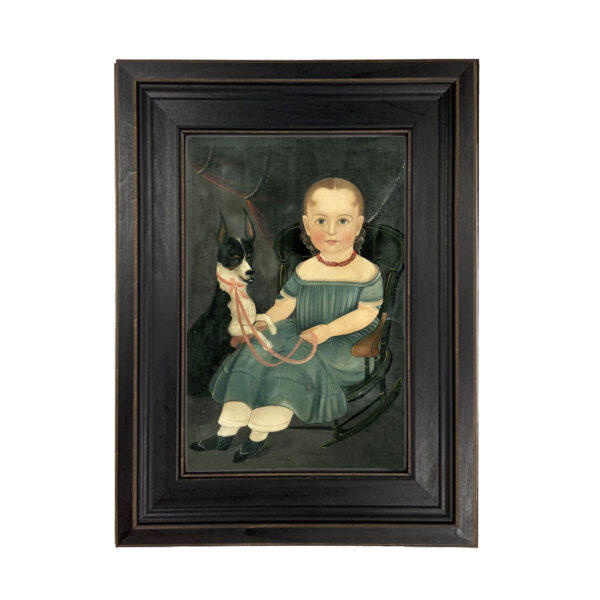 Portrait and Primitive Paintings Girl on Rocker with Dog Framed Oil Painting Print on Canvas in Distressed Black Wood Frame