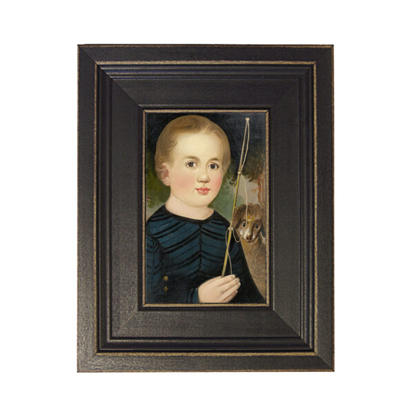 Portrait and Primitive Paintings Early American Boy in Blue with Whip Framed Oil Painting Print on Canvas in Distressed Black Wood Frame. A 4 x 6″ framed to 7-1/2 x 9-1/2″.