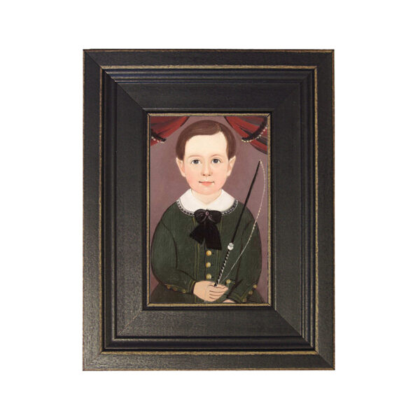 Portrait and Primitive Paintings Early American Boy in Green with Whip Framed Oil Painting Print on Canvas in Distressed Black Wood Frame. A 4 x 6″ framed to 7-1/2 x 9-1/2″.