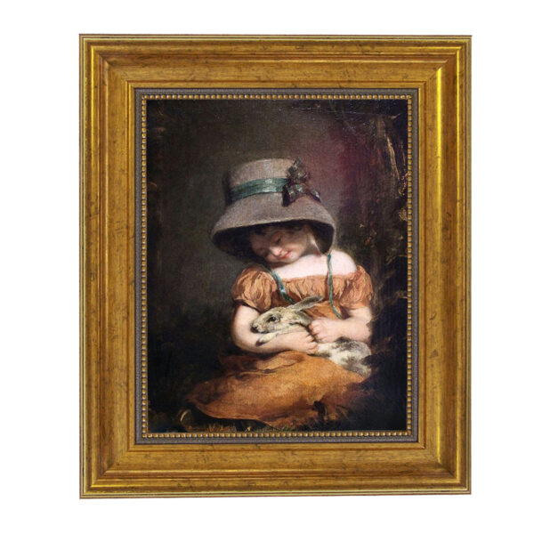 Portrait and Primitive Paintings Girl with Rabbit Framed Oil Painting Print on Canvas in Antiqued Gold Frame