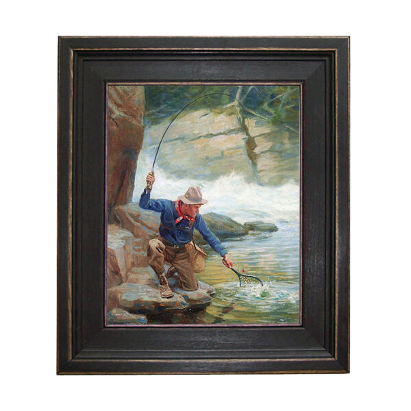 Sporting and Lodge Paintings Trout Fishing Framed Oil Painting Print on Canvas in Distressed Black Wood Frame. A 10 x 15″ framed to 13-1/2 x 18-1/2″.