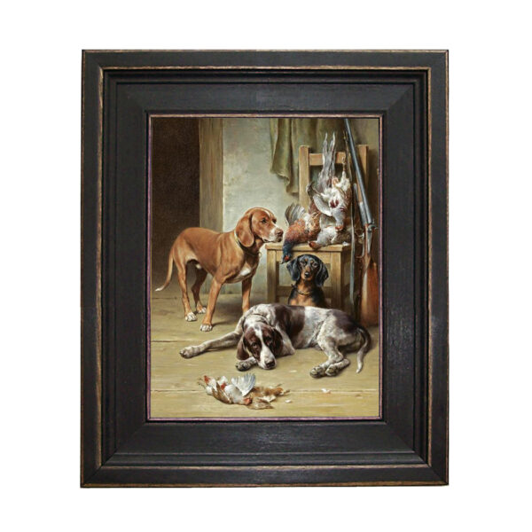 Sporting and Lodge Paintings Hounds and Game Framed Oil Painting Print on Canvas in Distressed Black Wood Frame