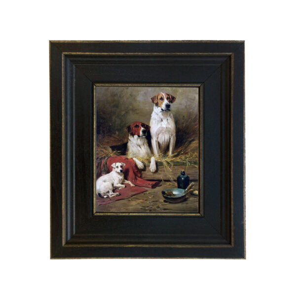 Cabin/Lodge Dogs Three Hounds Framed Oil Painting Print on Canvas in Distressed Black Wood Frame