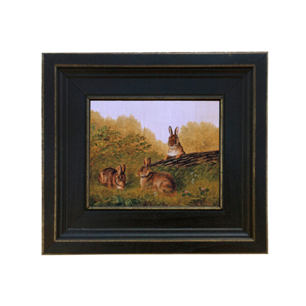 Farm and Pastoral Paintings Farm Bunnies in the Field Framed Oil Painting Print on Canvas in Distressed Black Wood Frame. A 5×6″ framed to 8-1/2″ x 9-1/2″.