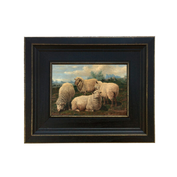 Farm and Pastoral Paintings Early American Flock of Sheep Gathered Oil Painting Reproduction on Canvas in Distressed Black Solid Ash Frame – 7-1/2″ x 9-1/2″ framed size