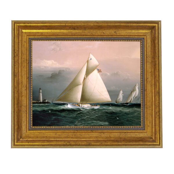 Nautical Paintings Chiquita Racing Off Boston Lighthouse Framed Oil Painting Print on Canvas in Antiqued Gold Frame