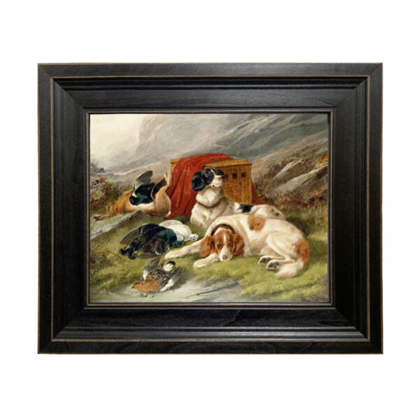 Sporting and Lodge Paintings Guarding the Day’s Bag by John Gifford Hunting Dogs Framed Oil Painting Print on Canvas in Distressed Black Wood Frame
