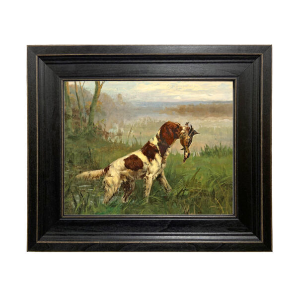 Sporting and Lodge Paintings Setter and a Ruddy Duck by Percival Leonard Rosseau Framed Oil Painting Print on Canvas in Distressed Black Wood Frame. An 8″ x 10″ framed to 11-3/4″ x 13-3/4″.