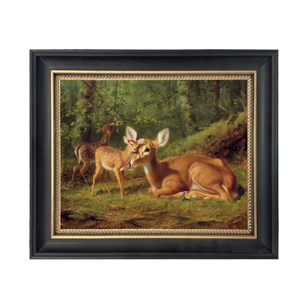 Cabin/Lodge Lodge Doe and Twin Fawns by Tait Framed Oil Painting Print on Canvas in Black and Gold Wood Frame. An 8″ x 10″ framed to 10-3/4 x 12-3/4″.