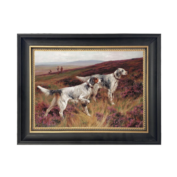 Cabin/Lodge Lodge Two Setters on a Grouse by Arthur Wardle Framed Oil Painting Print on Canvas in Black and Gold Wood Frame. An 7″ x 10″ framed to 9-3/4″ x 12-3/4″.